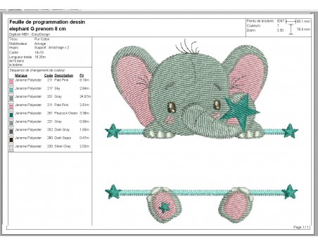 Motif de broderie machine Elephant prénom garçon