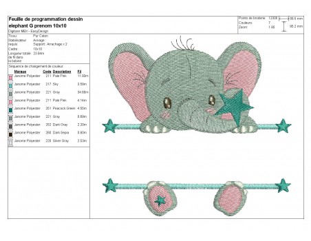 Motif de broderie machine Elephant prénom garçon