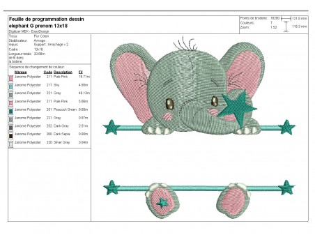 Motif de broderie machine Elephant prénom garçon