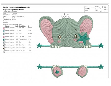 Motif de broderie machine Elephant prénom garçon