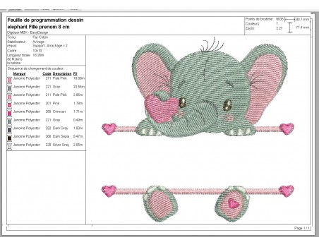 Motif de broderie machine Elephant prénom fille