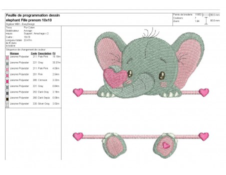 Motif de broderie machine Elephant prénom fille