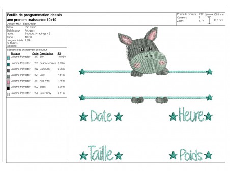 Motif de broderie machine petit âne journal de naissance garçon