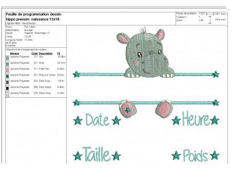 Motif de broderie machine hippopotame journal de naissance garçon