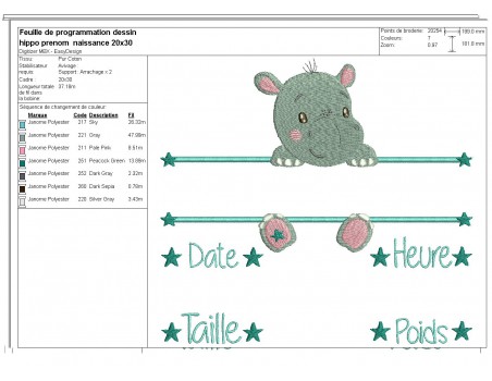 Motif de broderie machine hippopotame journal de naissance garçon