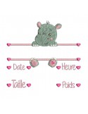 instant download machine embroidery design customizable birth journal hippopotamus girl