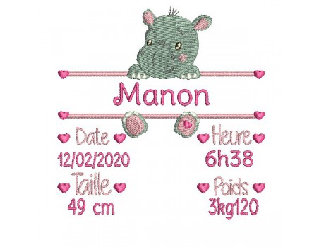 instant download machine embroidery design customizable hippopotamus girl