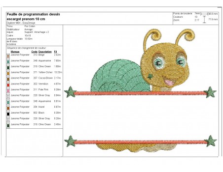 Motif de broderie machine escargot prénom garçon