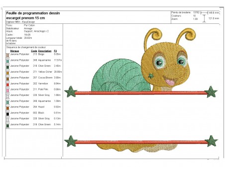 Motif de broderie machine escargot prénom garçon