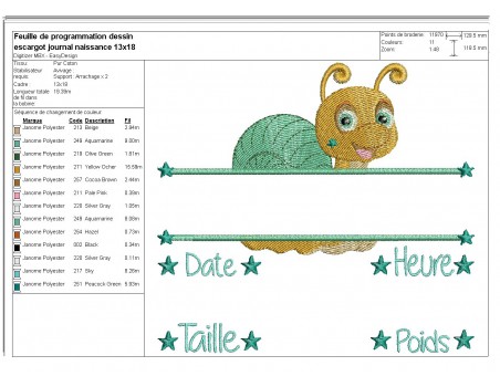 Motif de broderie machine escargot  journal de naissance garçon