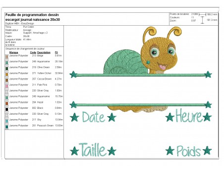 instant download machine embroidery design customizable birth journal snaill boy