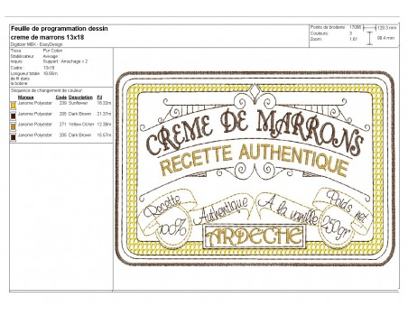 Motif de broderie machine  crème de marrons de l' Ardèche