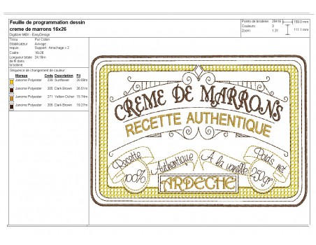 Motif de broderie machine  crème de marrons de l' Ardèche