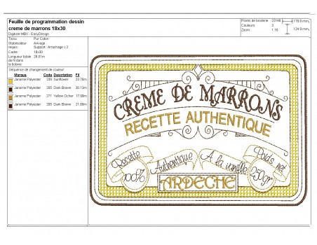 Motif de broderie machine  crème de marrons de l' Ardèche