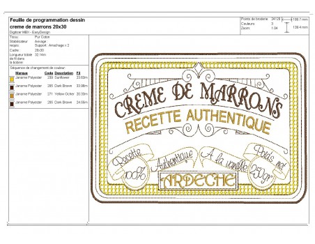 Motif de broderie machine  crème de marrons de l' Ardèche