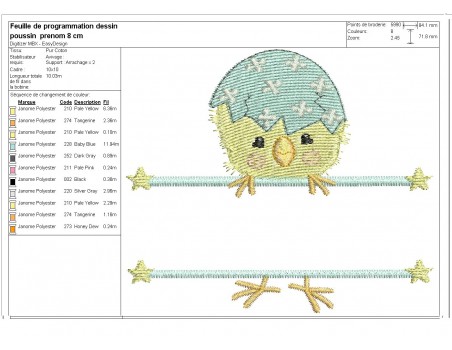 Motif de broderie machine  poussin prénom de Pâques