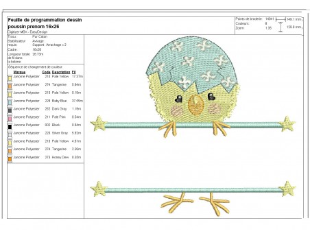 Motif de broderie machine  poussin prénom de Pâques