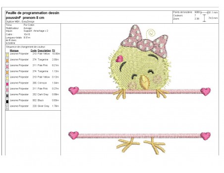 Motif de broderie machine  poussin fille prénom de Pâques