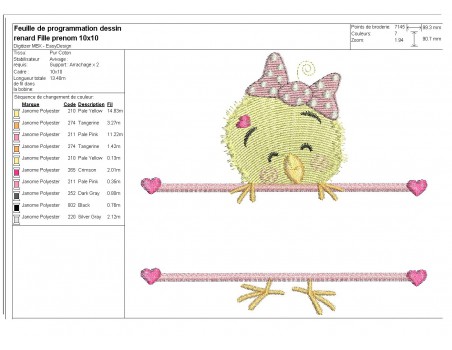 Motif de broderie machine  poussin fille prénom de Pâques