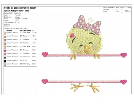 Motif de broderie machine  poussin fille prénom de Pâques