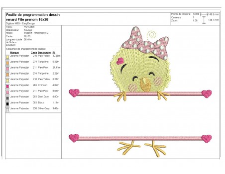 Motif de broderie machine  poussin fille prénom de Pâques