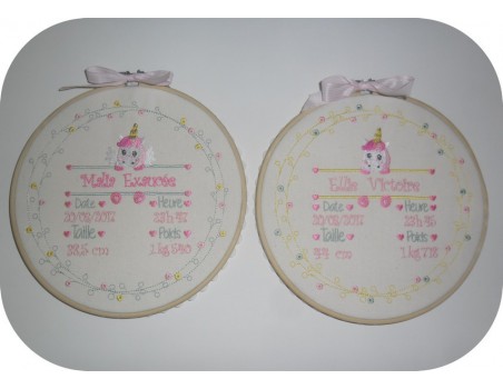 Motif de broderie machine licorne  journal de naissance fille