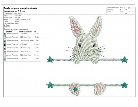 Motif de broderie machine lapin  prénom