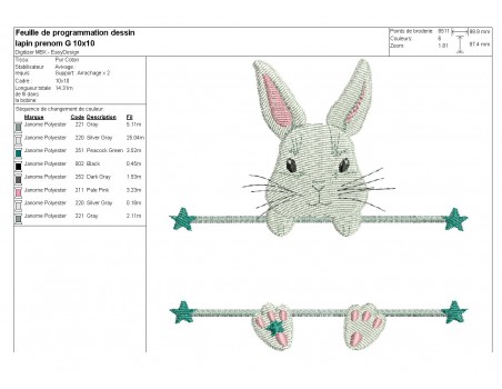 Motif de broderie machine lapin  prénom