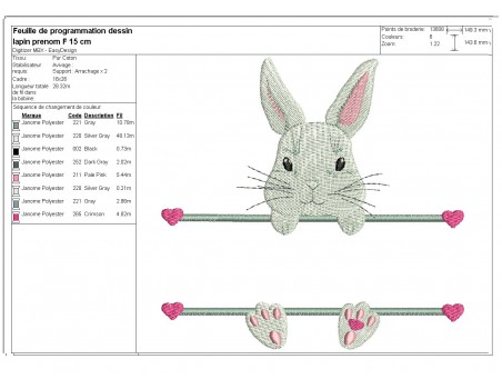 Motif de broderie machine lapin  prénom fille