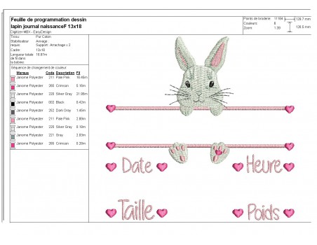 Motif de broderie machine lapine  journal de naissance