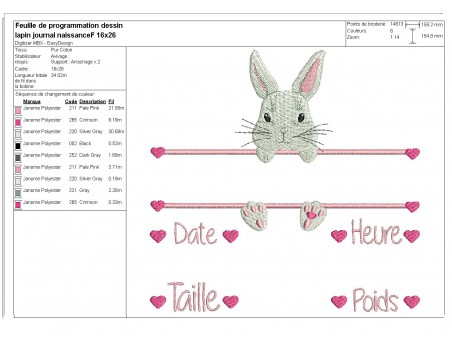 Motif de broderie machine lapine  journal de naissance