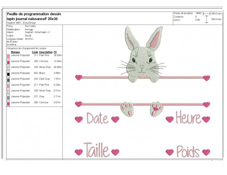 Motif de broderie machine lapine  journal de naissance