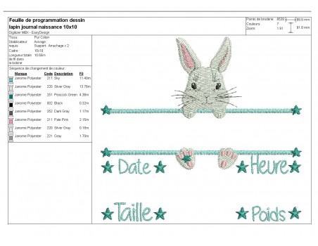 Motif de broderie machine lapin  journal de naissance