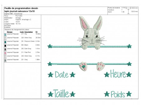 Motif de broderie machine lapin  journal de naissance