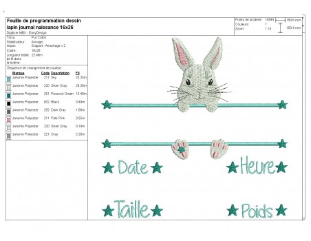 instant download machine embroidery design customizable birth journal girl rabbit