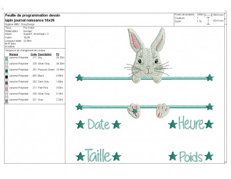 Motif de broderie machine lapin  journal de naissance