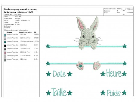 instant download machine embroidery design customizable birth journal girl rabbit