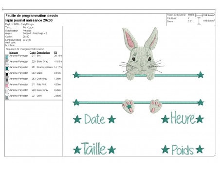 instant download machine embroidery design customizable birth journal girl rabbit