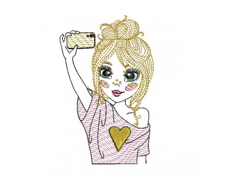 Motif de broderie machine fille selfie en mylar