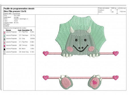 Motif de broderie machine dinosaure  prénom fille