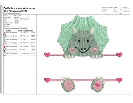 Motif de broderie machine dinosaure  prénom fille