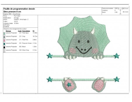 Motif de broderie machine dinosaure  prénom garçon