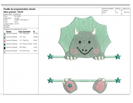 Motif de broderie machine dinosaure  prénom garçon