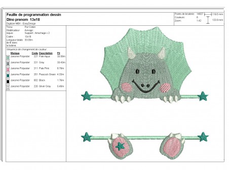 Motif de broderie machine dinosaure  prénom garçon