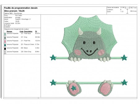 Motif de broderie machine dinosaure  prénom garçon