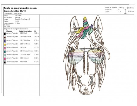 Motif de broderie machine licorne avec ses lunettes