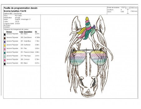 Motif de broderie machine licorne avec ses lunettes