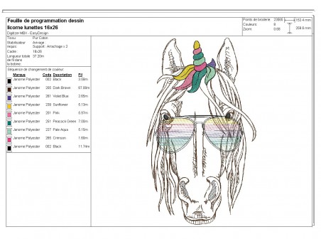 Motif de broderie machine licorne avec ses lunettes