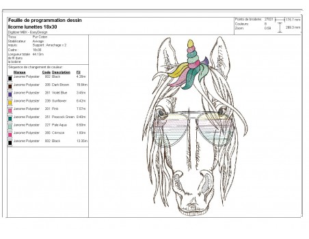 Motif de broderie machine licorne avec ses lunettes