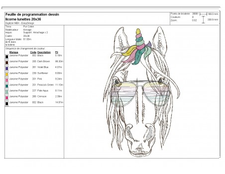 Motif de broderie machine licorne avec ses lunettes